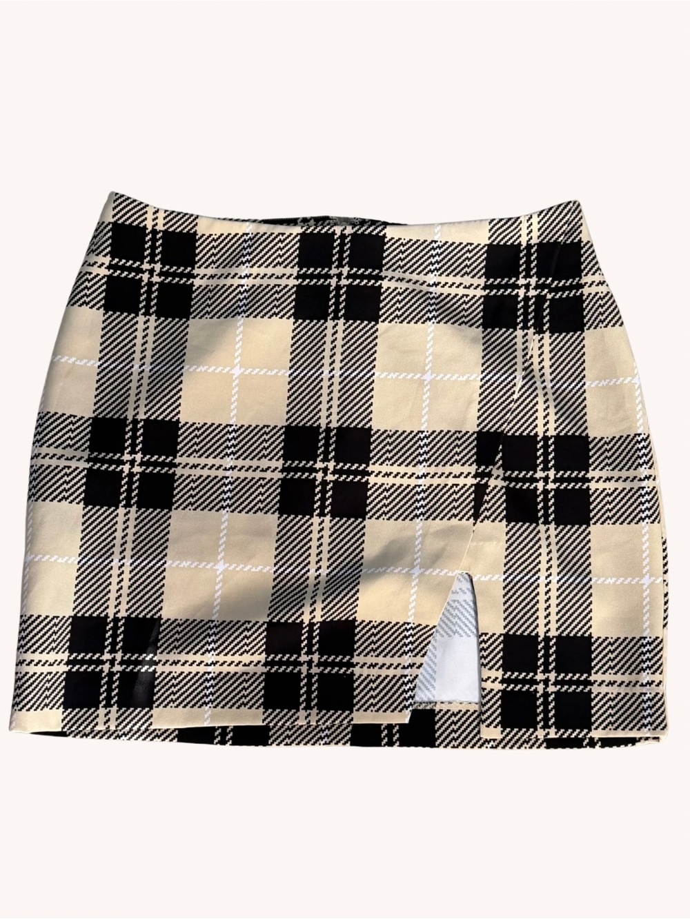 New York & Company Black and Beige Plaid Mini Skirt with Front Slit